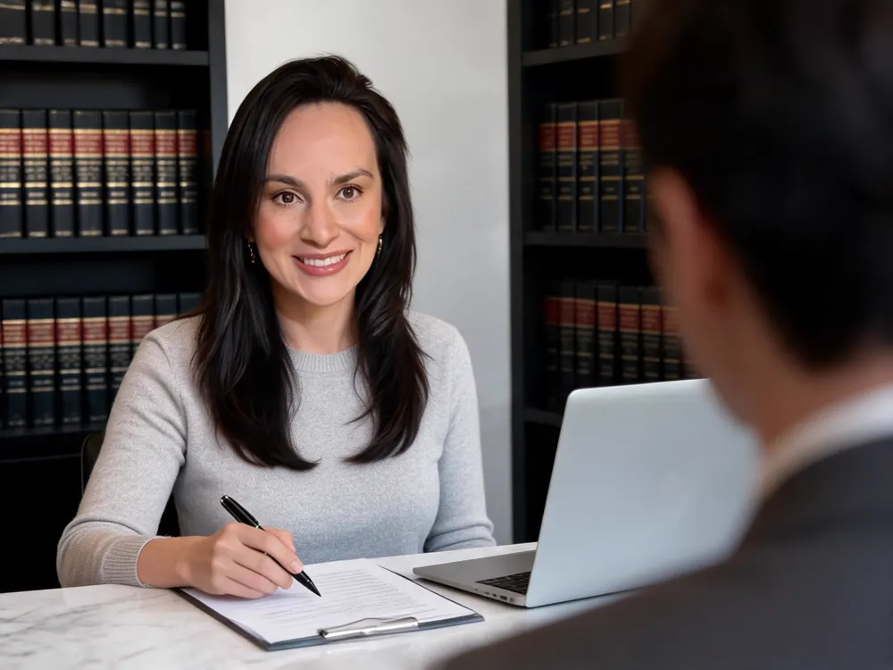 Advogada Andrielly Orestes explicando documentos a um cliente